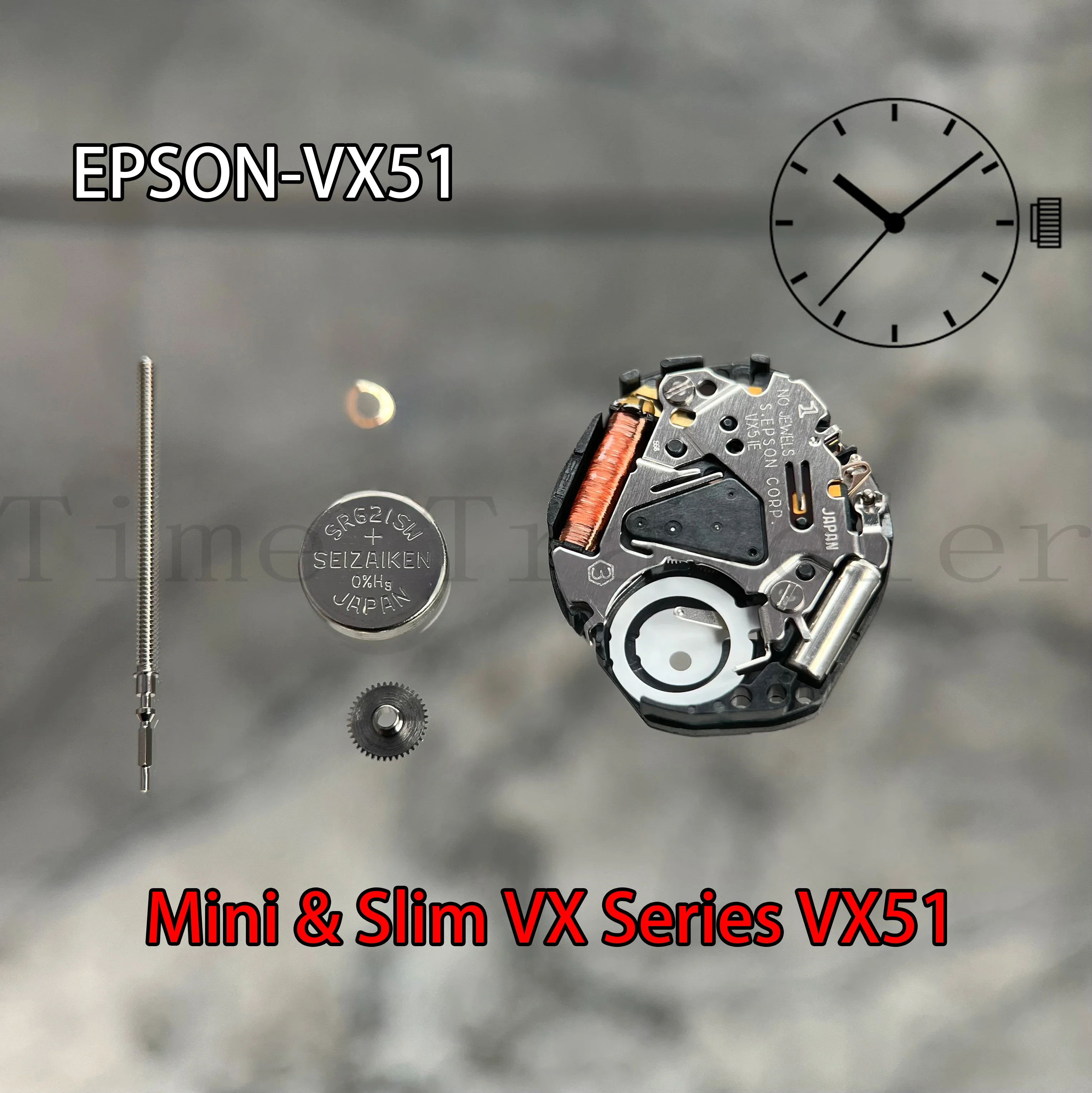 VX51 Movement Epson VX51E Movement Japan Genuine MINI & SLIM Series VX51E Quartz Movement 3 Hands Size: 6 3/4 x 8'''