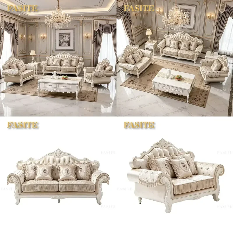 For European Classic Luxury Fabric Sofa Set Solid Wood Royal Villa Vintage 1 2 3 Seater Sectional Couch Living Room Furniture
