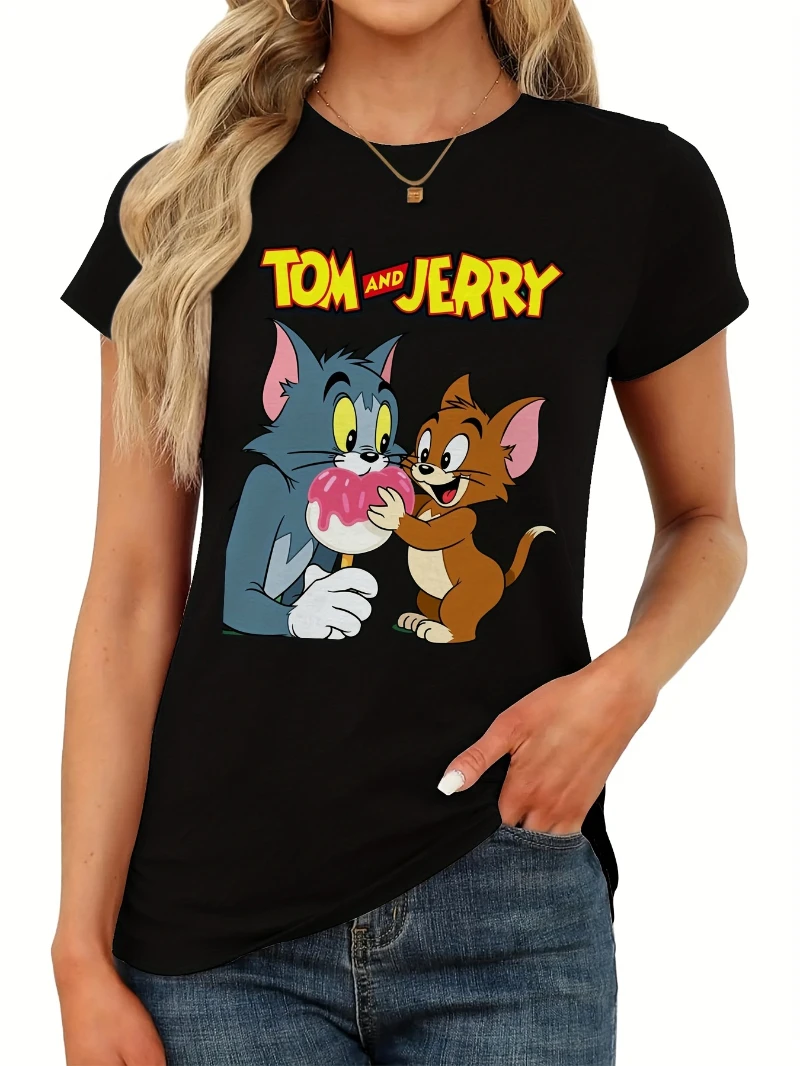 رائجة البيع 2025 الصيف توم وجيري المرأة ريترو الكرتون تي شيرت تي شيرت أبيض وأسود الراقية الفاخرة لكل من الرجال والنساء