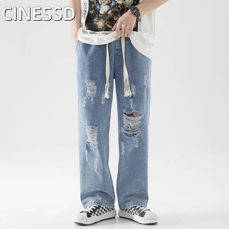 

New Summer Korean Style Ripped Loose Jeans Loose Trousers Hip Hop Neutral Pants Solid Color Oversized Straight Jeans Hot Sales