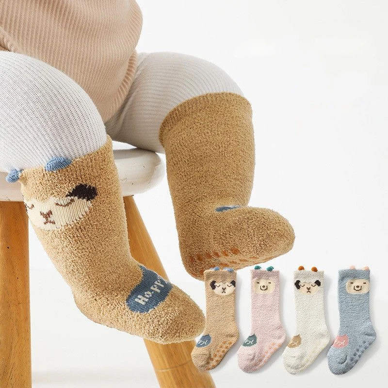 4 Pairs Baby Socks Autumn Winter Coral Fleece Thick Warm Cartoon High Tube Socks Newborn Non-Slip Floor Terry Socks