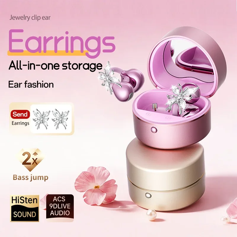 

Ear Clip Earbuds Built-in Makeup Mirror Butterfly Earrings Bluetooth 6.0 Open-Ear HIFI Wireless Jewelry Earphones for Girls