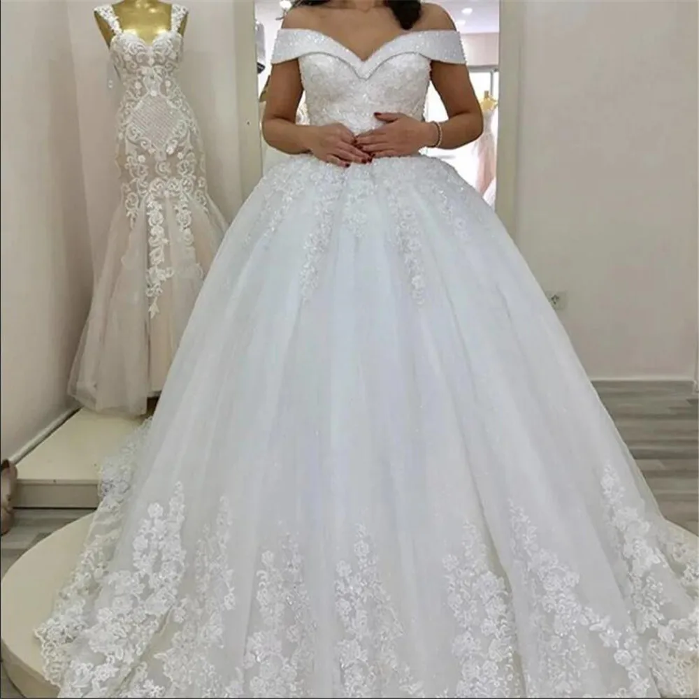 Luxury A Line Wedding Dresses Crystals Beading V Neck  Appliques Bridal Gowns Plus Size Lace-Up Design Off Shoulder Women Dress