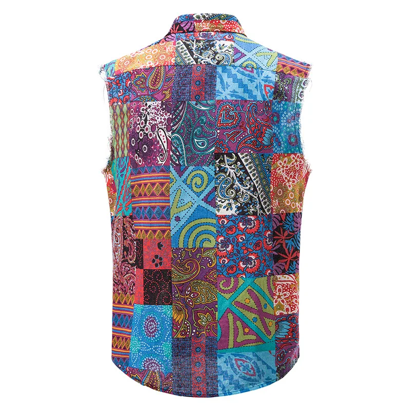 African Print Double Pocket Sleeveless Shirt Men Hip Hop Cowboy Button Down Cotton Vest Shirts Mens Hippie Beach Hawaiian Blouse