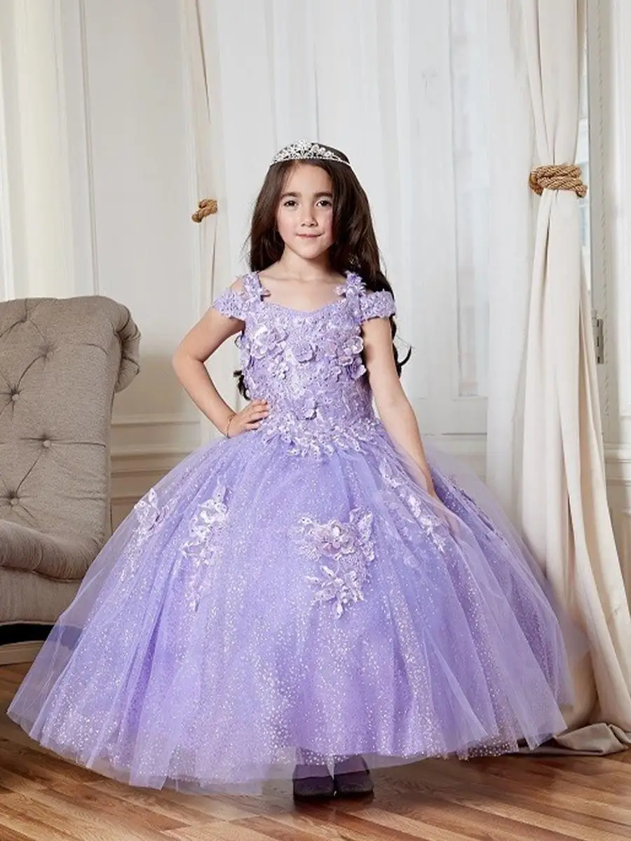 Lavanda Mini abiti Quinceanera abito da ballo con spalle scoperte Appliques abiti da ragazza di fiori per matrimoni abiti da spettacolo bambino