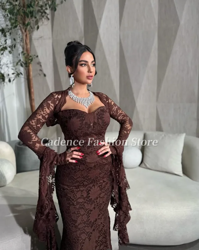 Customized  Elegant Brown Mermaid Arabian Prom Dresses Lace Long Sleeve Back Strap Dubai Evening Gowns Formal Banquet Dresses
