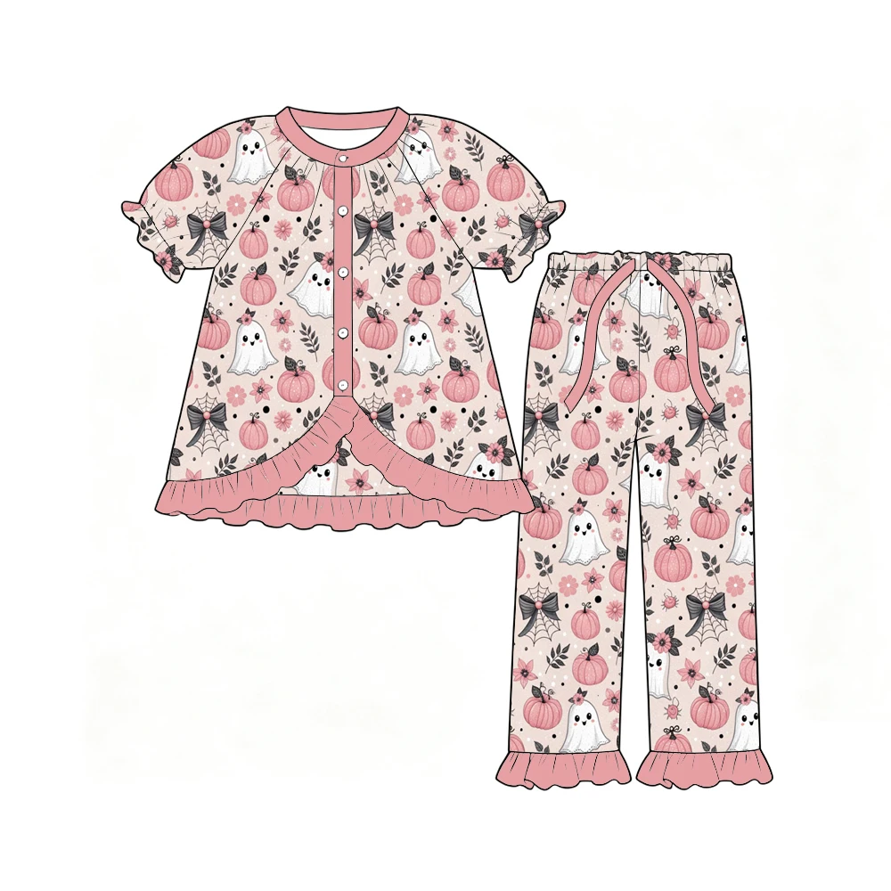 Boutique Kid's Girls' Set Crew neck puff-sleeve top paired with trousers Button and ruffle design Halloween Series Prints
