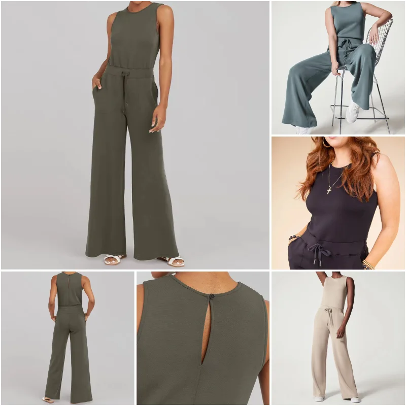 

Summer Solid Slim Back Button OL Jumpsuit Spring O Neck Sleeveless Tank Playsuit Women Drawstring Straight Pants Romper Overalls