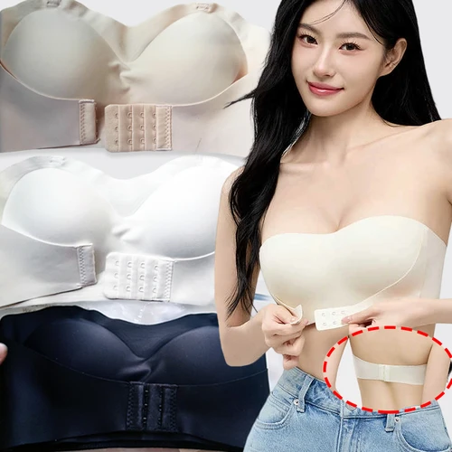 Imagen 2 del producto Lencería sin tirantes de piel negra para mujer, antideslizante, fruncida, pecho pequeño, sujetador grande antiflacidez, sin tirantes y envuelto