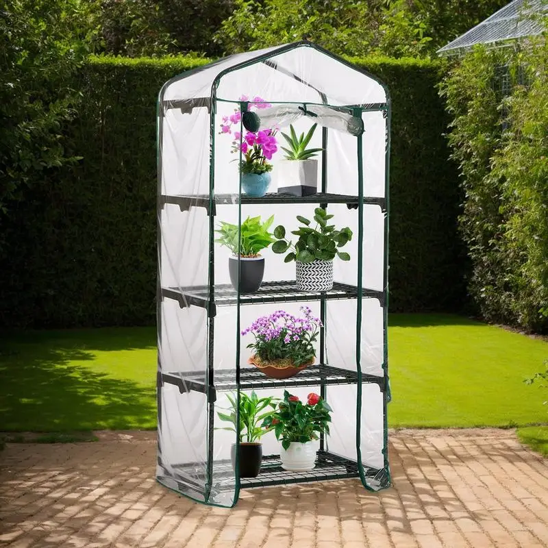 3/4 Tier Backyard Greenhouse Outdoor Small Greenhouse with Locking Wheels Grow Tent with Zipper Cover Steel Plant Rack