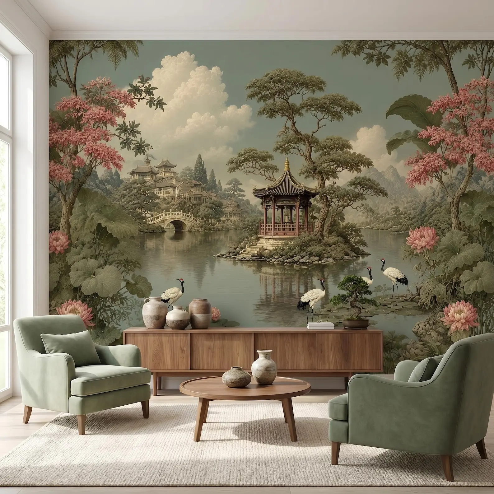 Customized wallpaper, retro Chinese style, peaceful Crane Garden murals, home decoration, living room, bedroom, garden 3d murals