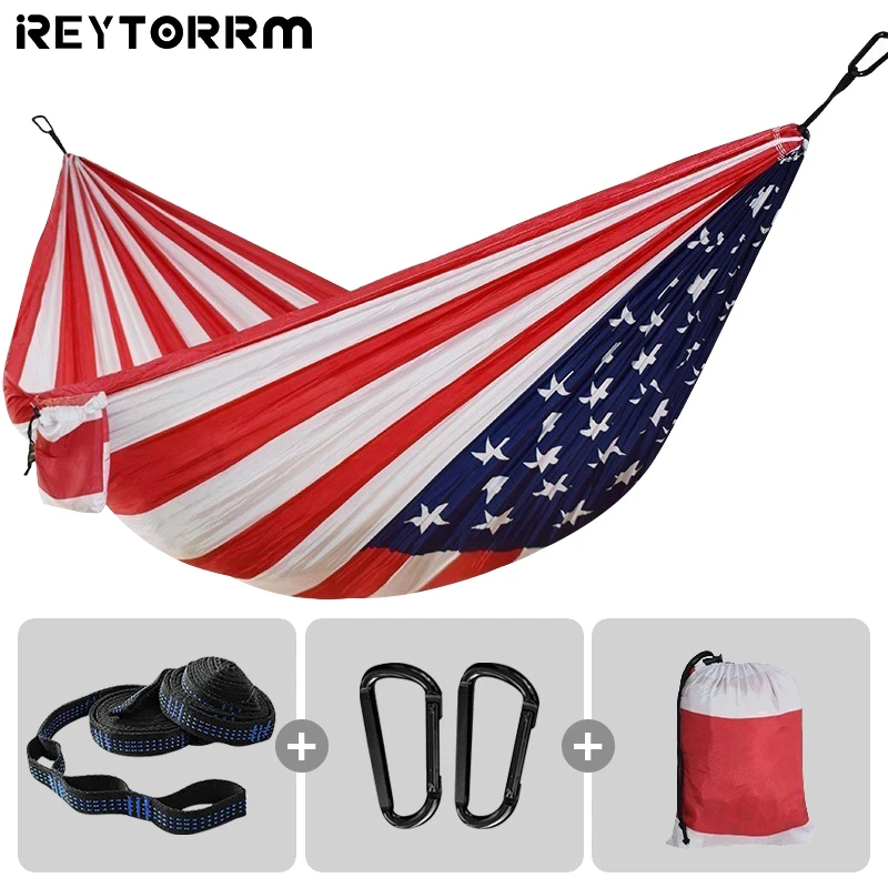 102x55inch Painted US Flag Double Hammock Portable Outdoor Camping Hammock Swing with 2 Tree Straps for Backyard Travel Beach