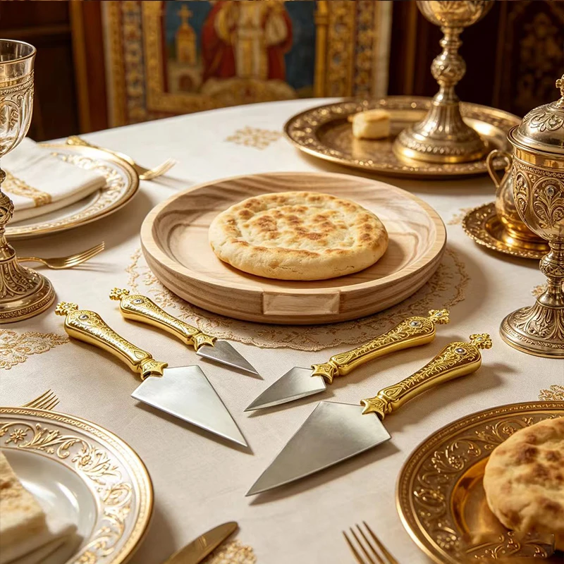 Orthodoxes Liturgie-Speerset mit 18cm Holztablett, Heilige Lanze, Prosphora-Kopie, Vergoldeter Holzgriff, Kirchenaltarwerkzeug, Geschenk – Detail 5