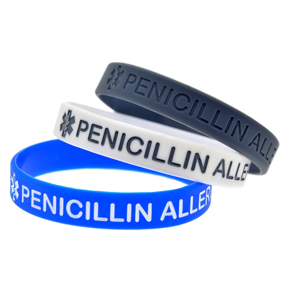 

50 Pcs PENICILLIN ALLERGY Silicone Bracelet Medical Alert Rubber Wristband Adult Size 4 Colors