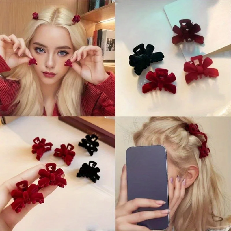 قطعتان من مشابك مخلب القوس المخملي الأحمر للعام الجديد - مشابك شعر جانبية للنساء، مشابك شعر على شكل غرة لمجموعة هدايا إكسسوارات الشعر الجميلة