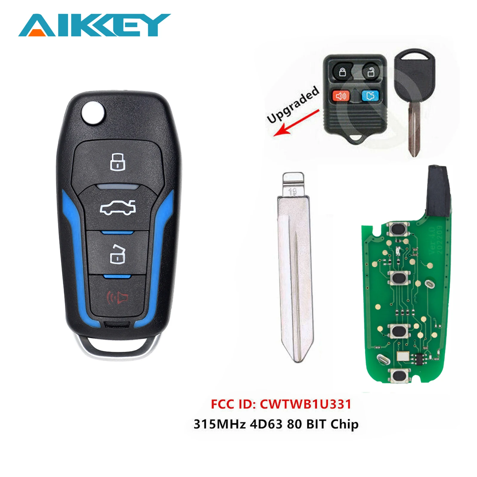 

315/433MHZ Car Key for Ford ASK 4 Buttons Remote Fob Modified Vehicle Key with Chip CWTWB1U331 4D63/80bit Car Control Key