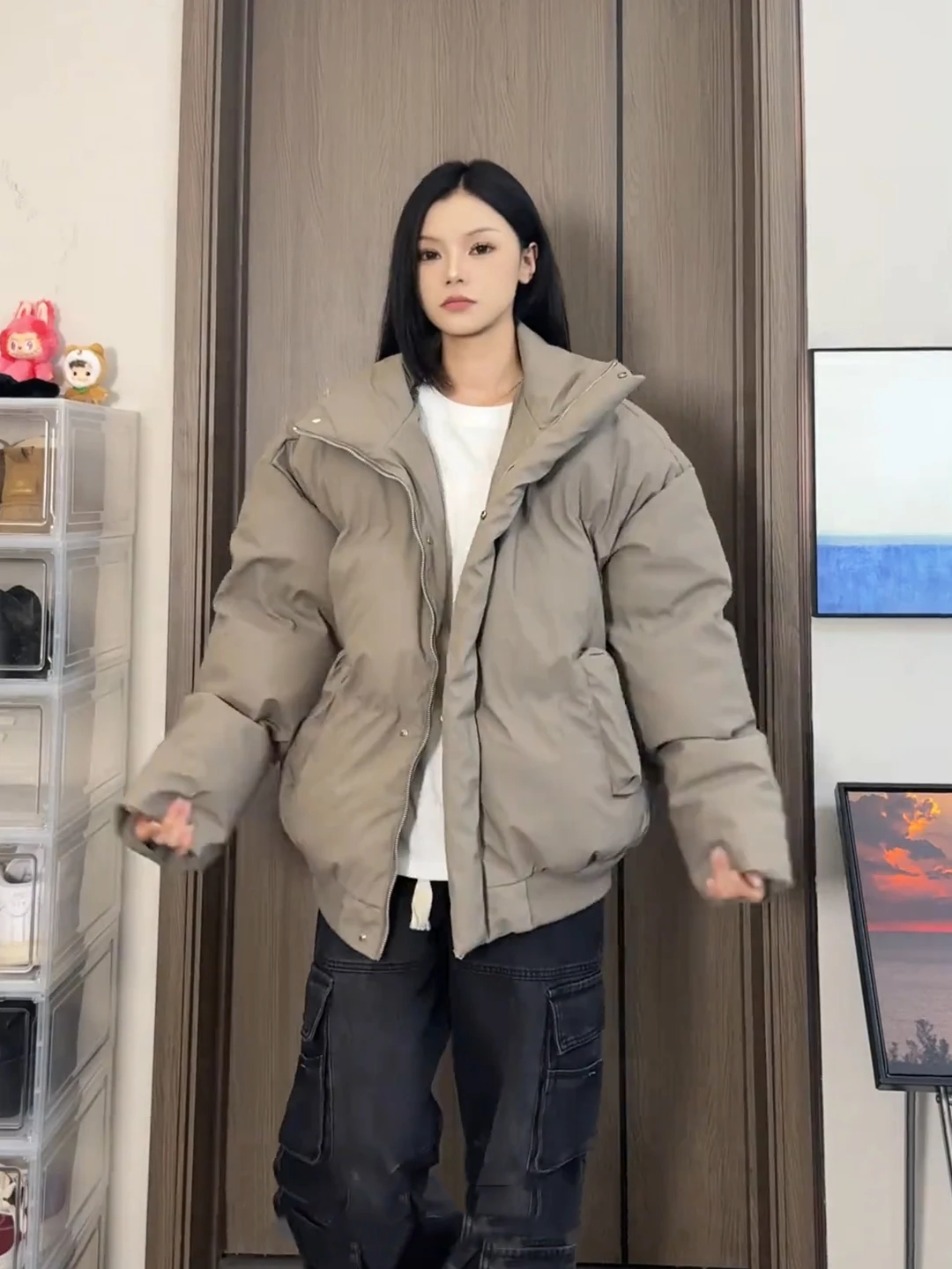 

Gray PU Leather Stand Collar Cotton Jacket Men Women Winter American Retro Short Bread Style Thickened Cotton Coat Outerwear