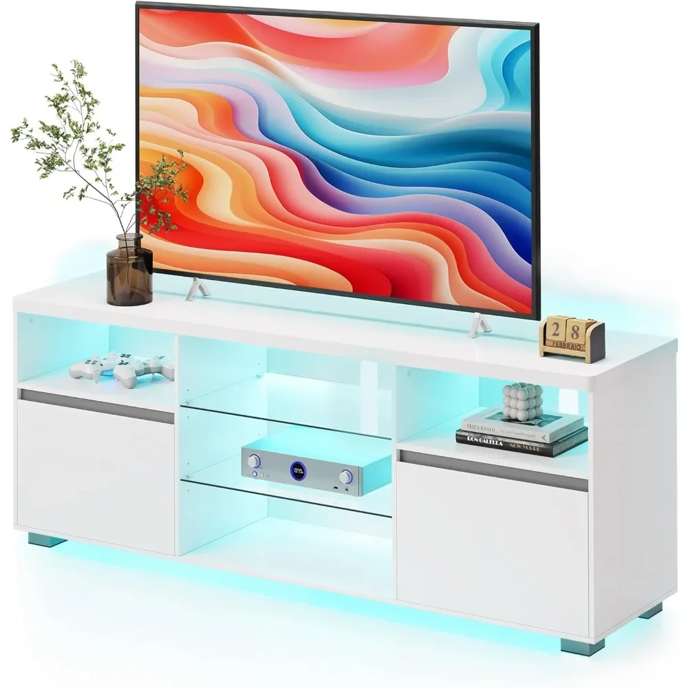 TV Stand, LED Lights for TVs Up To 70 Inch, Entertainment Center, 2 Cabinets with Doors, 63-Inch Long, TV Stands