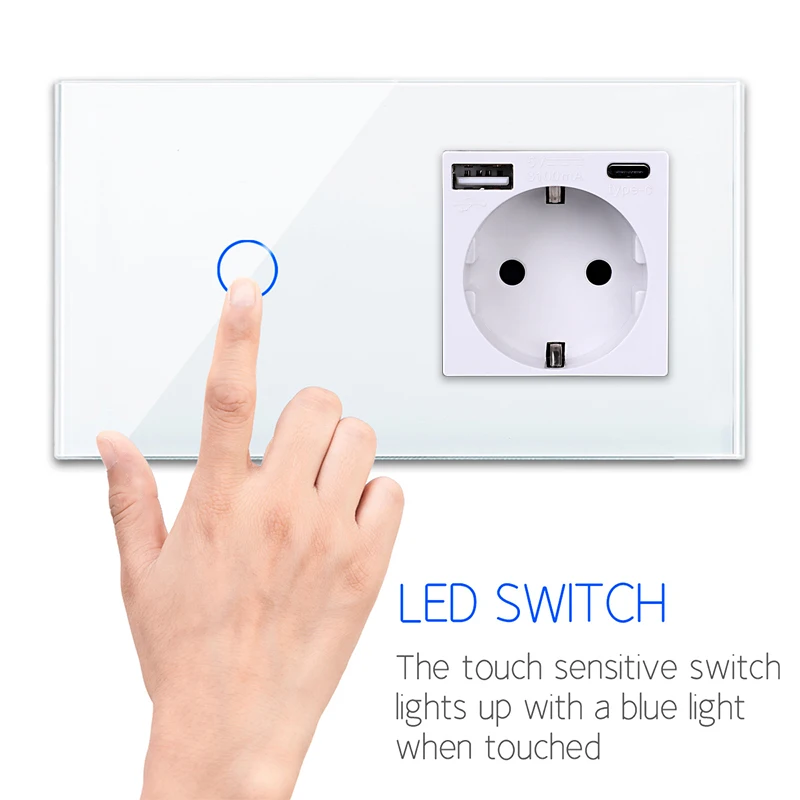 DAJIMEI Smart WiFi Touch Switch with USB Type-C Socket Crystal Glass Panel Tuya Sensor Switches with Socket for Smart Home