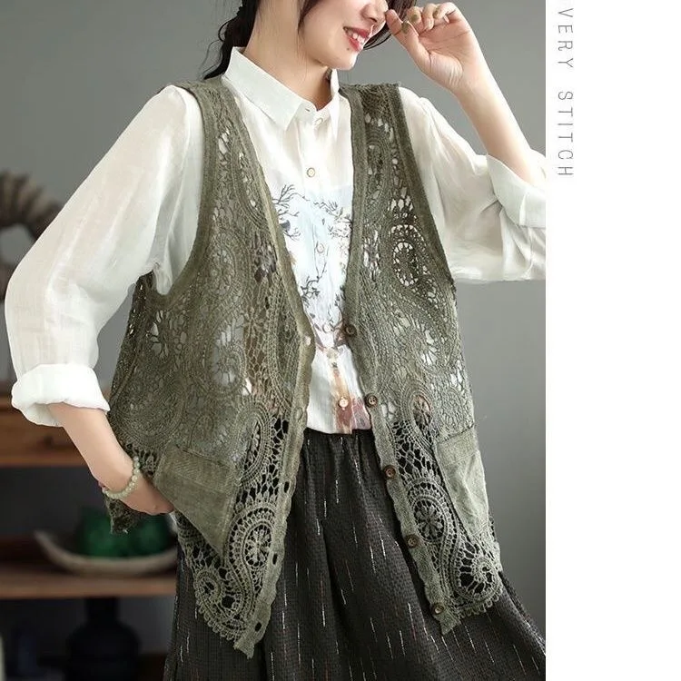 Autumn New Pure Color Artistic Retro Hollow out Knitted Vest Women's Svel Top Layering Cotton  Open Cardigan
