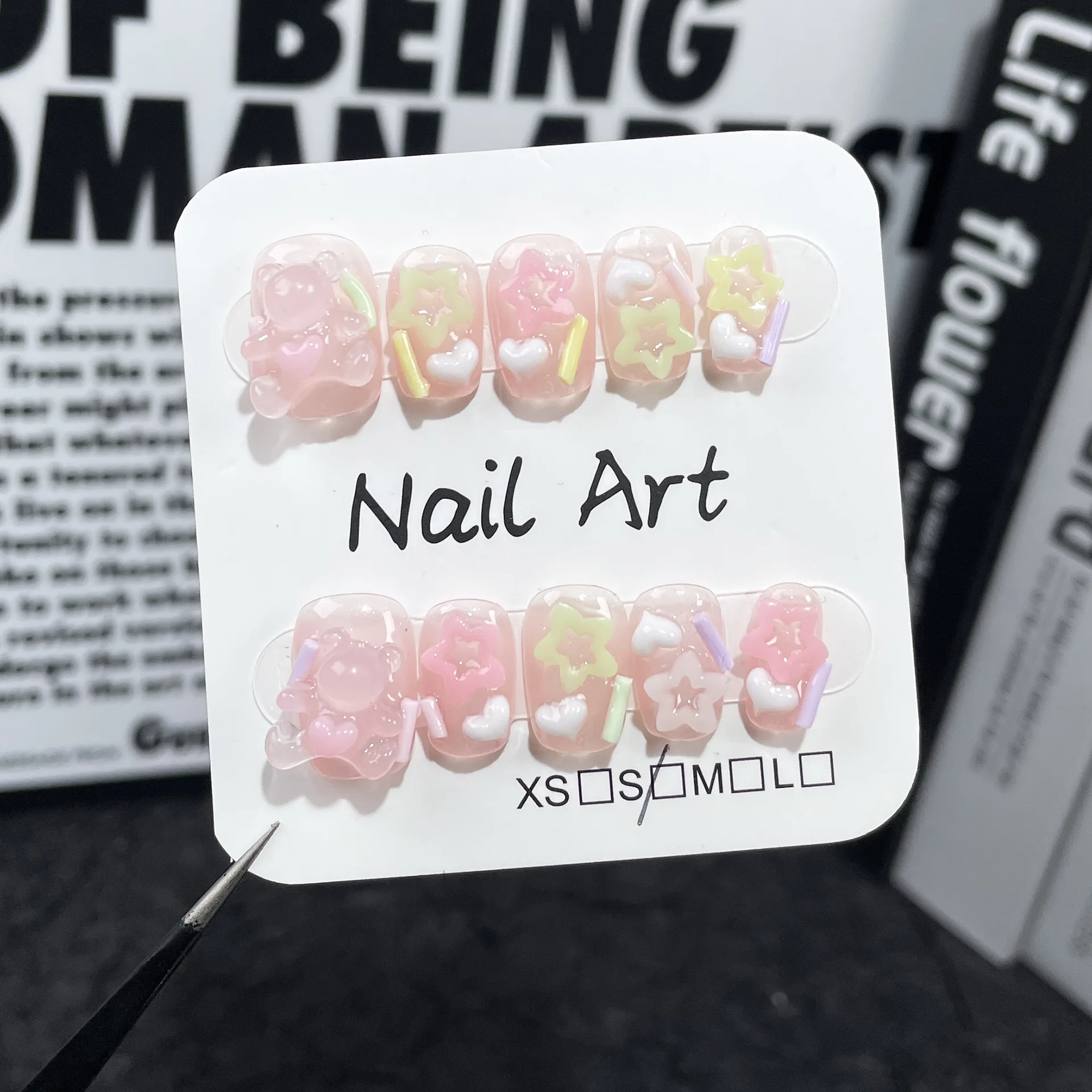 

10pcs Cute Little Bear Handmade Nails Clear Hearts and Stars Press on Nail Short Square Fake Nail for Women&Girl False Nail