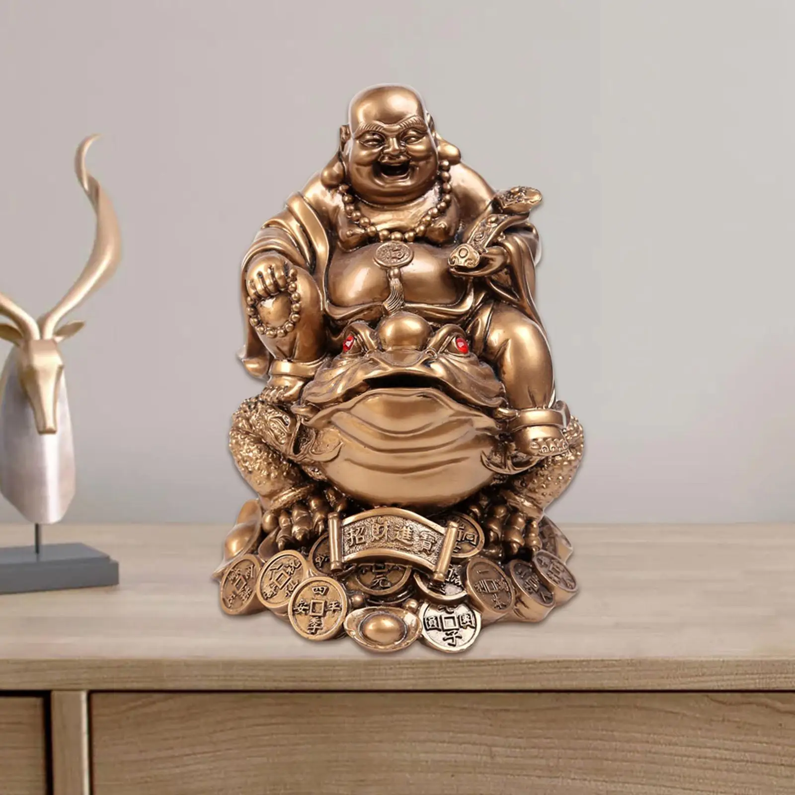 Laughing Buddha Sit On Money Frog Statue for Tabletop Decoration Office Gift view 2