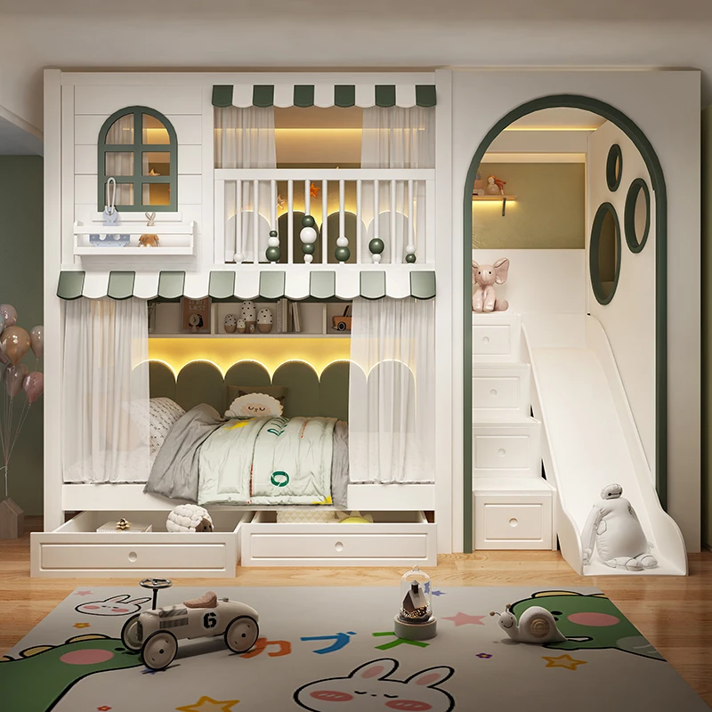 Full solid wood children's bed on and off bed with broadband arch high and  bunk  high guardrail slide cabinet mother