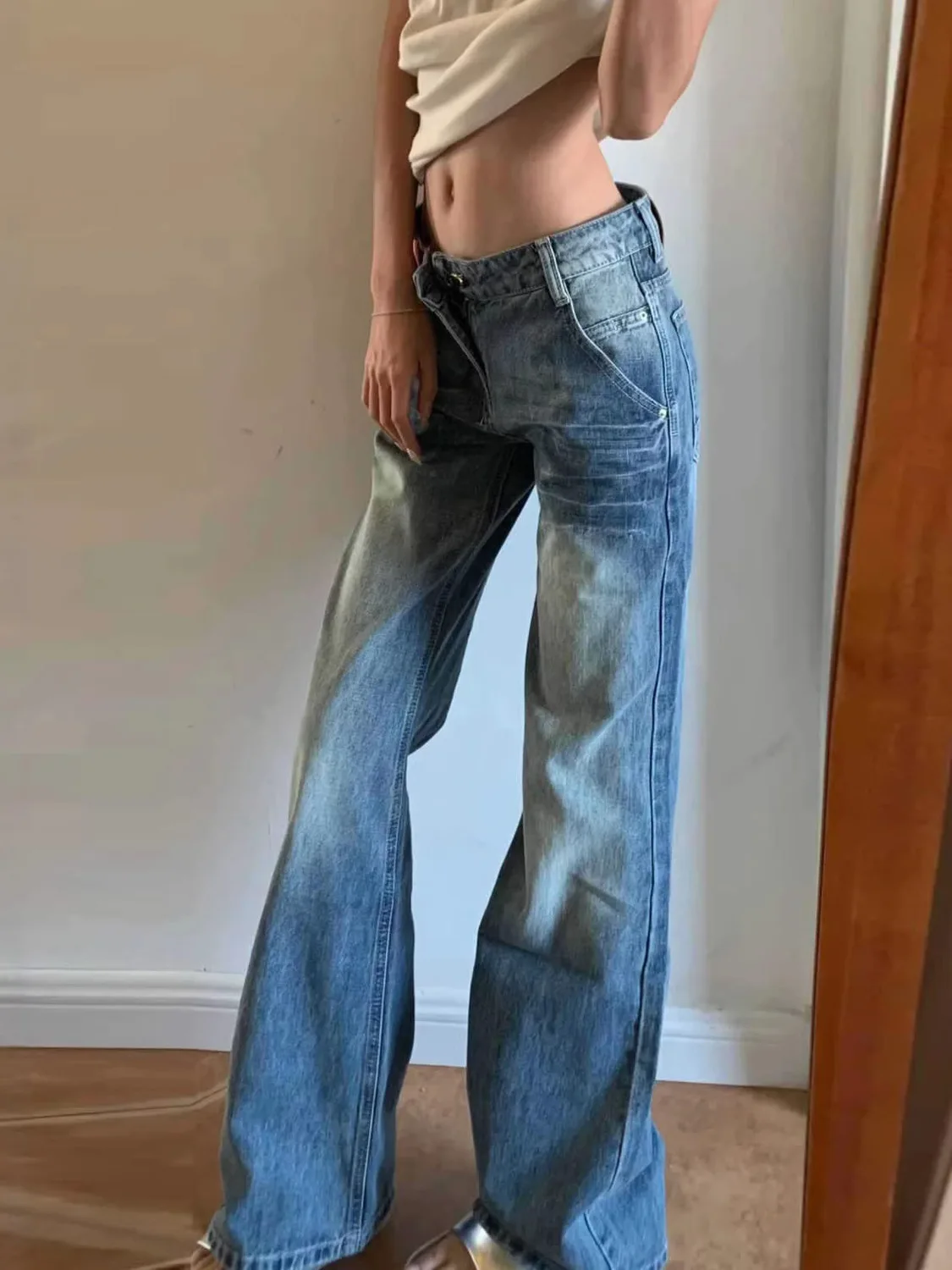 Women's Light Wash Vintage Straight Jeans Pleated Front Distressed Ripped Denim Pants Raw Hem S-3XL
