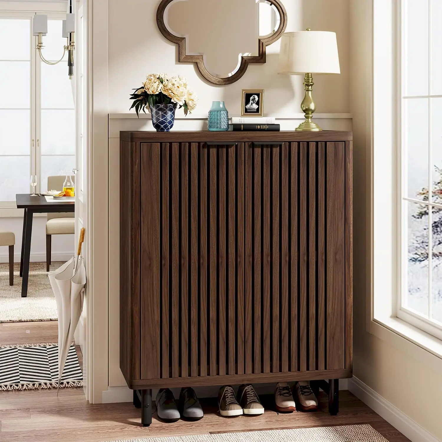 6-Tier Shoe Cabinet with Shutter Doors, Wooden Rack with Adjustable Shelves, Hidden Storage for Entryway & Hallway, Customized