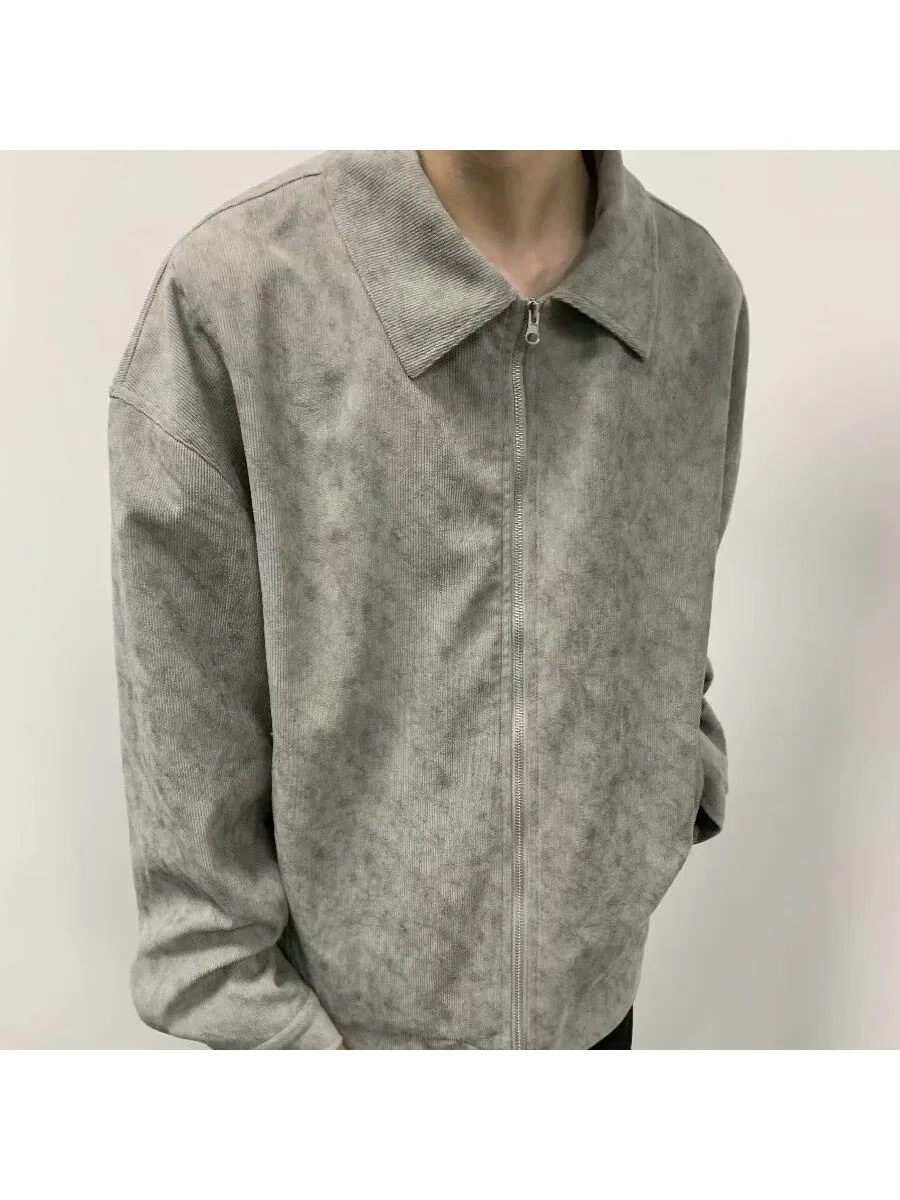 Vintage Solid Zipper Bomber Jacket Men Spring Fall Long Sleeve Casual Varsity Coat Outerwear for Urban Streetwear, Utility Chic