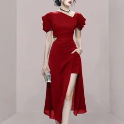 JSXDHK New Fashion Summer Diagonal Collar Slim Dress Designer Women Beading Hollow Out Waist Bodycon Split Midi Party Vestidos