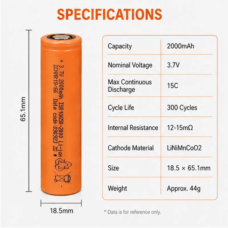 E-power 18650-2000 2000mAh 3.7V 15C NMC | 30A Discharge, ≤20mΩ Low IR, 10C ≥96% Capacity | 2C Fast Charge, 300+ Cycles