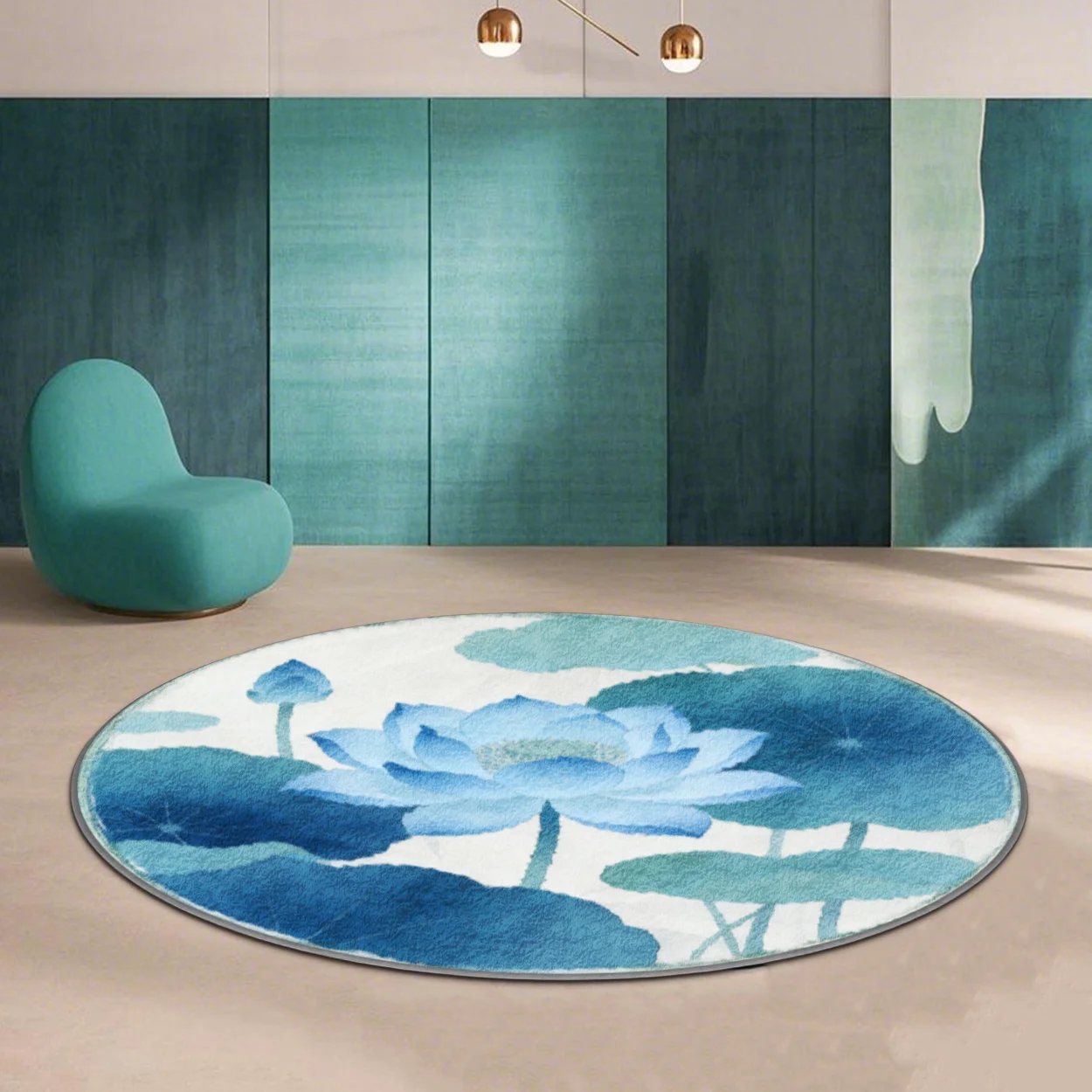 Soft Velvet Plush Rug with Pointed Plastic Bottom, 2D Printed Round Mat, New Chinese Style And Blue Lotus And Water Lily Pattern, Fashion Home Decor Carpet, Living Room Large Carpet Sofa Mat Bedroom Bedside Mat Entrance Rug Coffee Table Mat