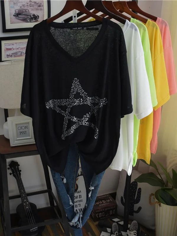

Женская футболка больших размеров в Корейском стиле Sle V-Ne ort Sve Дышащая тонкая звезда с креативным узором, удобная для поездок на работу