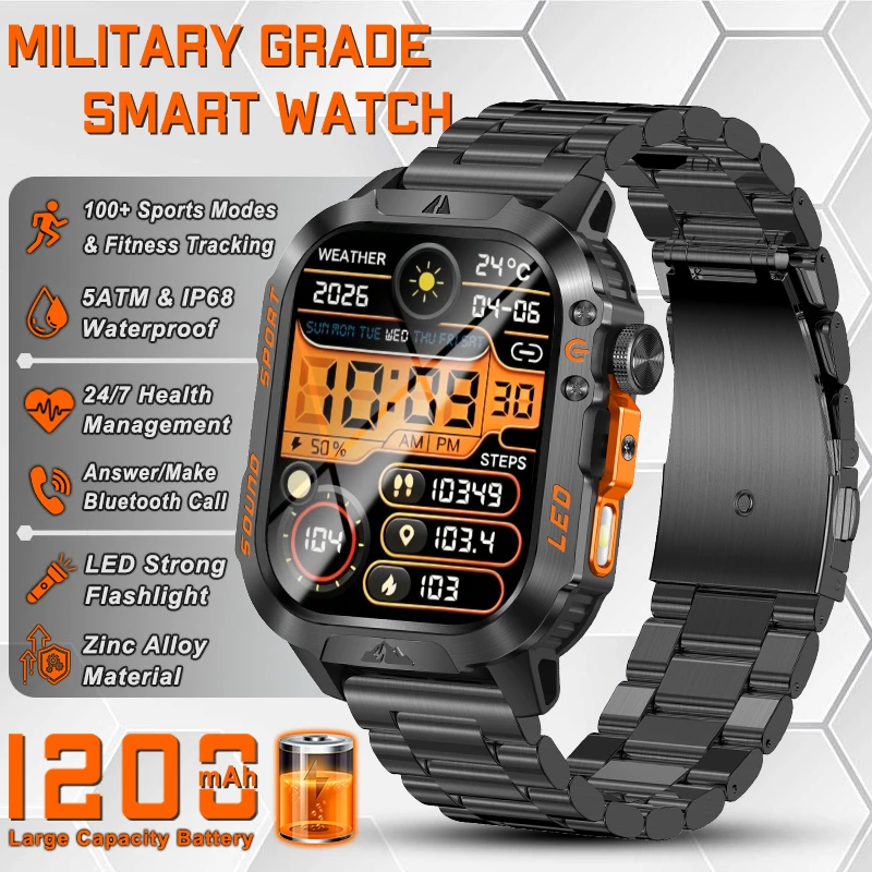 

New Military Grade 1200mAh Battery Smartwatch Men 5ATM Waterproof Sports Tracker Flashlight Heart Rate AMOLED Screen Smart Watch