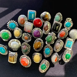 20pcs Wholesale Mix Design Natural Stone Vintage Rings For Women Open Adjustable Ethnic Antique Silver Plated Gift Jewelry Lot