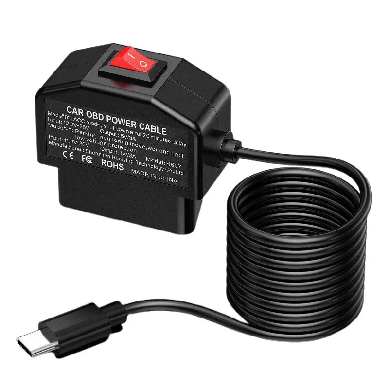 24h Parking Car Accessories Battery Protection OBD To Type C Charger Power Cable 1 Piece for Dash Camera Car DVR