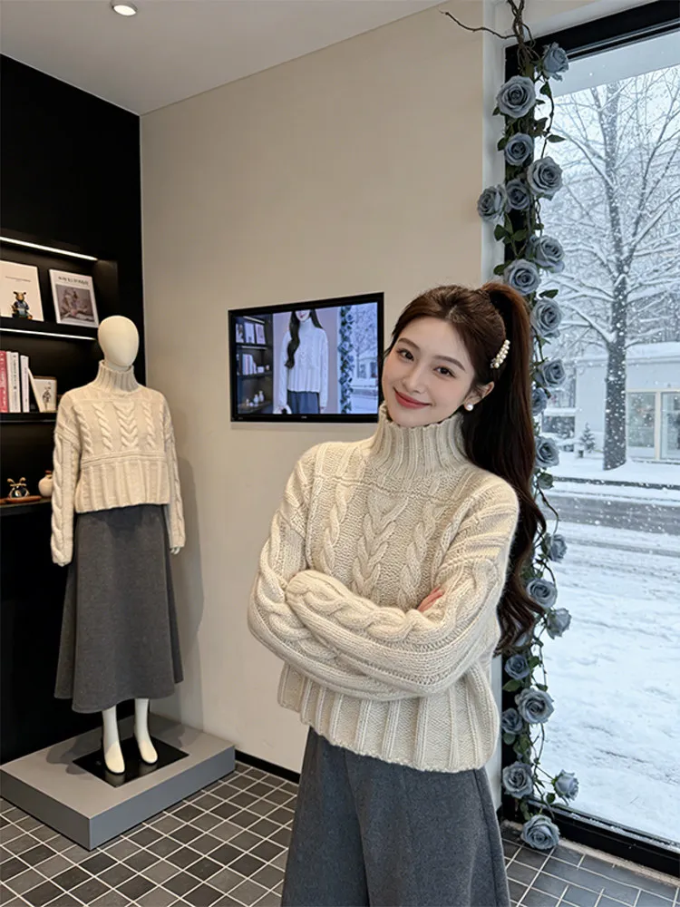 

Корейский свитер с высоким воротником и косичками, женский, весна-осень, новинка, маленький размер, вязаный базовый свитер, повседневный, удобный