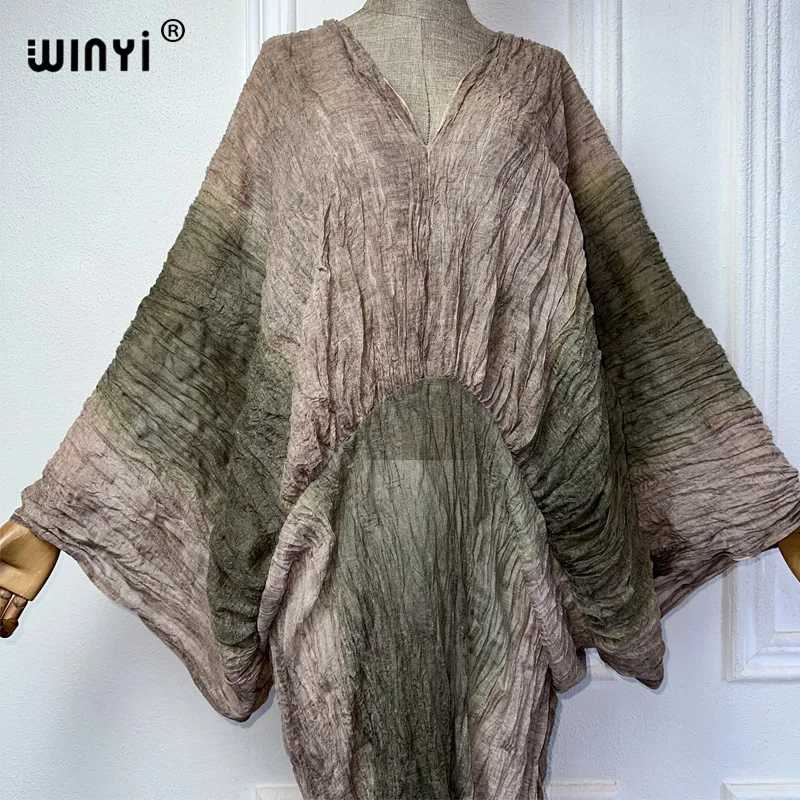 WINYI Summer Tie-dyed retro wrinkled long dress Loose robe Femme Vestidos holiday beach cover up maxi kaftan abaya dubai luxury