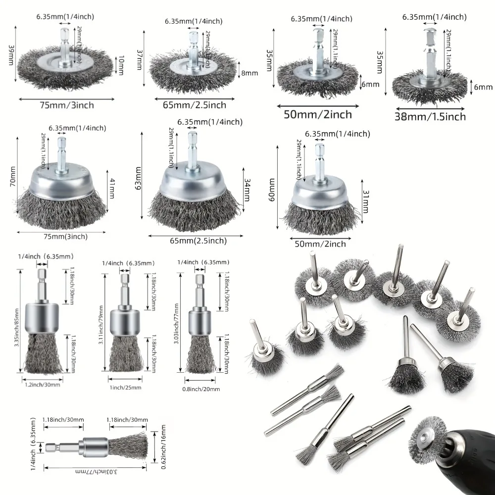 26pcs Wire Brush For Drill, Wire Wheel For Drill 1/4 Inch Hex Shank & 0.11 Inch Round Shank, Wire Cup Brush Drill Attachment For Rust Removal, Corrosion And Scrub Surfaces