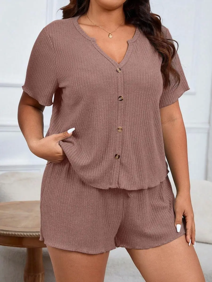 

Rib Knit Button Up Top And Shorts Pajama Set Lounge Wear For Women