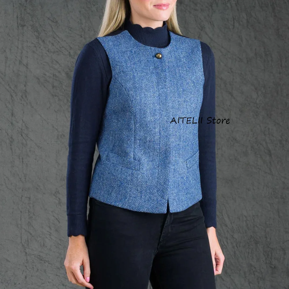 

Woman Clothing Herringbone Fabric Sleeveless Vest Woman Round Neck Single-breasted Casual and Stylish Women's Coats Jackets