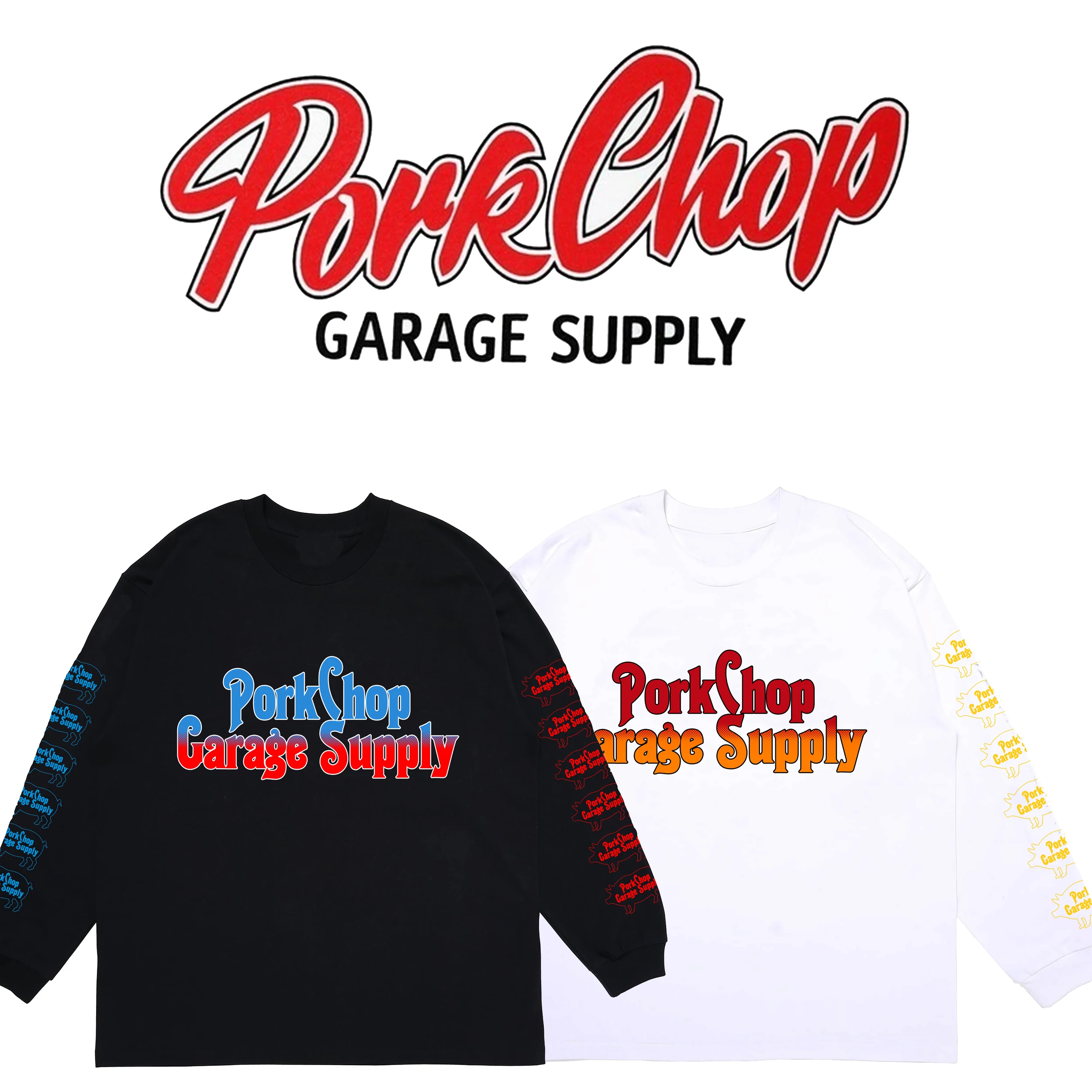 

Porkchop Autumn Loose Fit adient Retro Motorcycle Skateboard Streetwear High Collar Long Sve T-irt Bla White Versatile