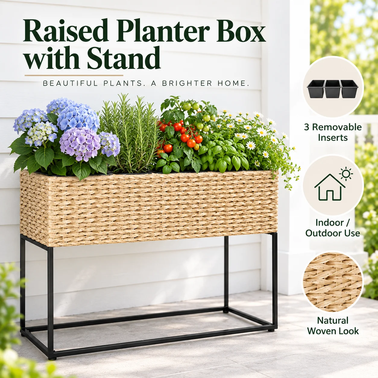 3 Compartment Resin Wicker Raised Planter Box with Stand Removable Inserts for Herbs Flowers Vegetables Patio Balcony Garden Use