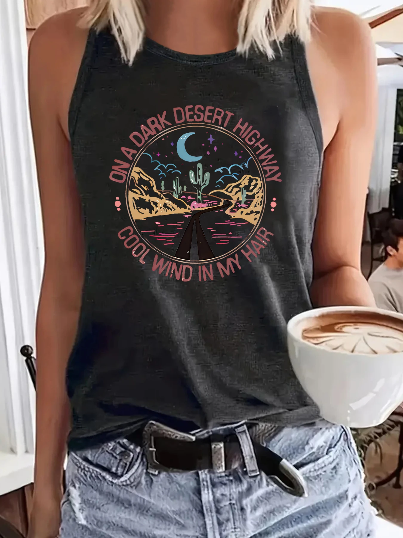 Women Summer Crew Neck Sleeveless Tank Top, On A Dark Desert Highway Letter Desert Cactus Graphic Print Casual Tank Top