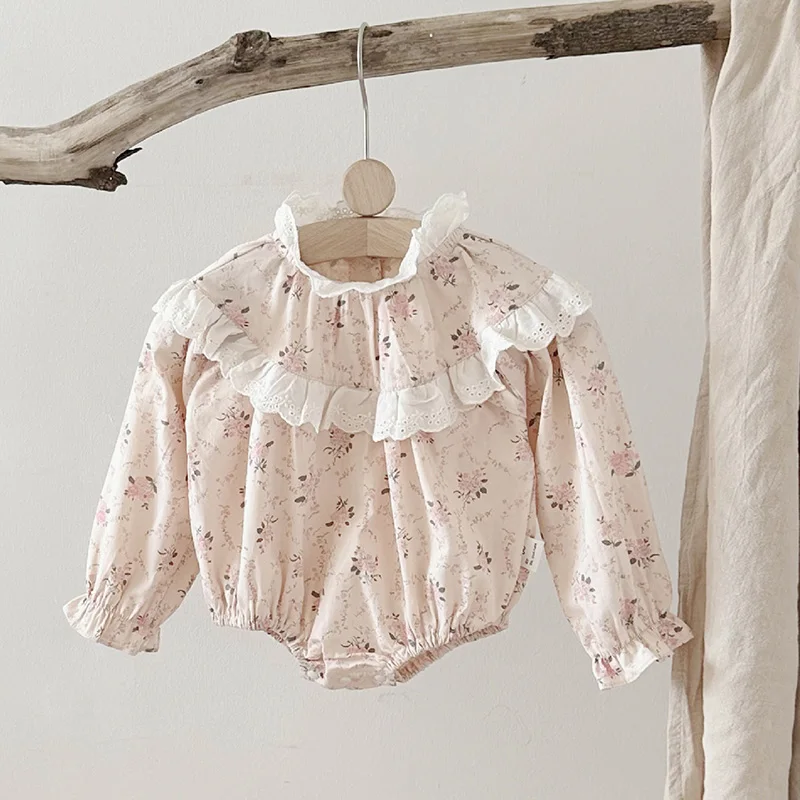 2024 New Spring 0-24M Children Clothes Infant Baby Girls Jumpsuit Long Sleeved Cotton Print Splicing Newborn Baby Girls Bodysuit