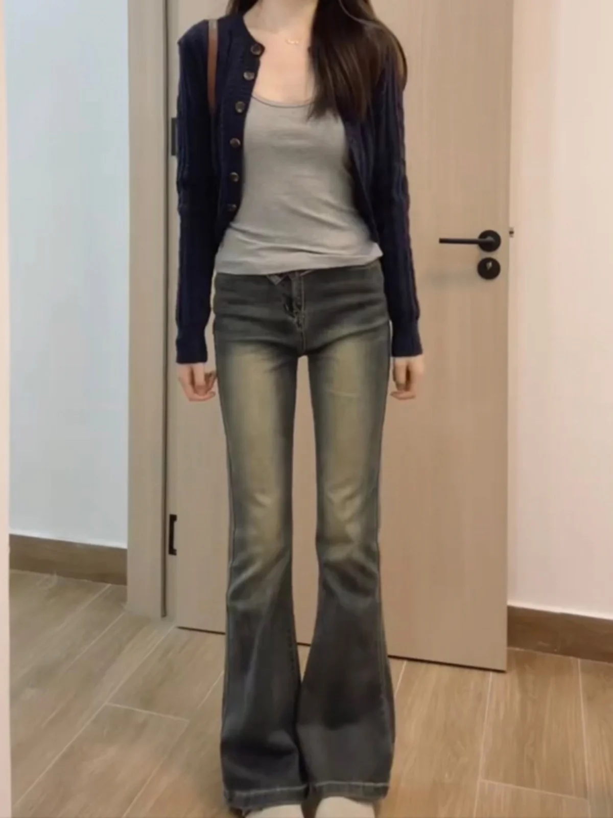 

Retro Faded High Waist Slimming Denim Jeans Women plus Size Elastic Micro Flared Long Leggings Spring Autumn k Blue