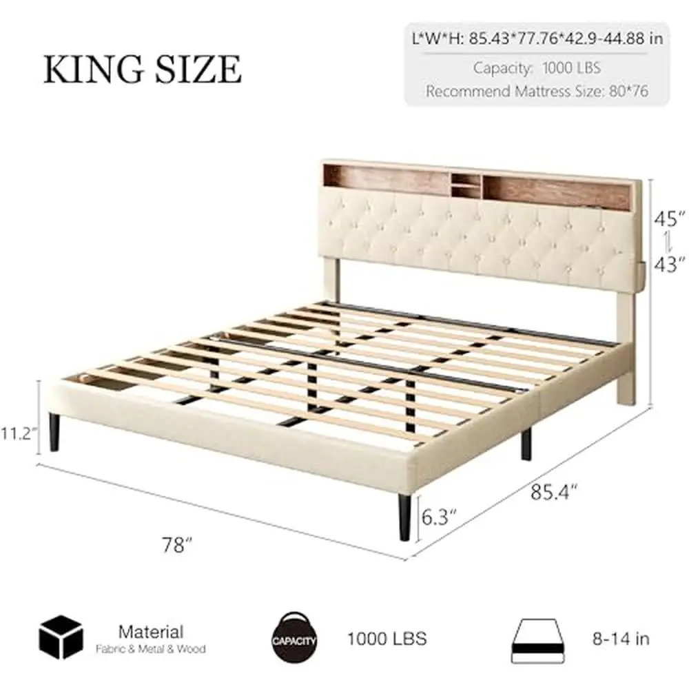 Wooden Platform King Bed Frame Storage Headboard Charging Station Quiet Assembly Steel Bedframe_No Squeak King Size Bed Base