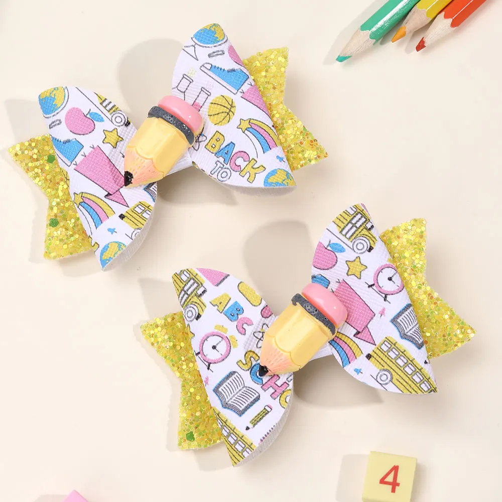 2Pcs Sweet Leather Print Hairpin Cartoon Letter Clock Bows Hair Clip Glitter Back To School Barrettes Boutique Headwear