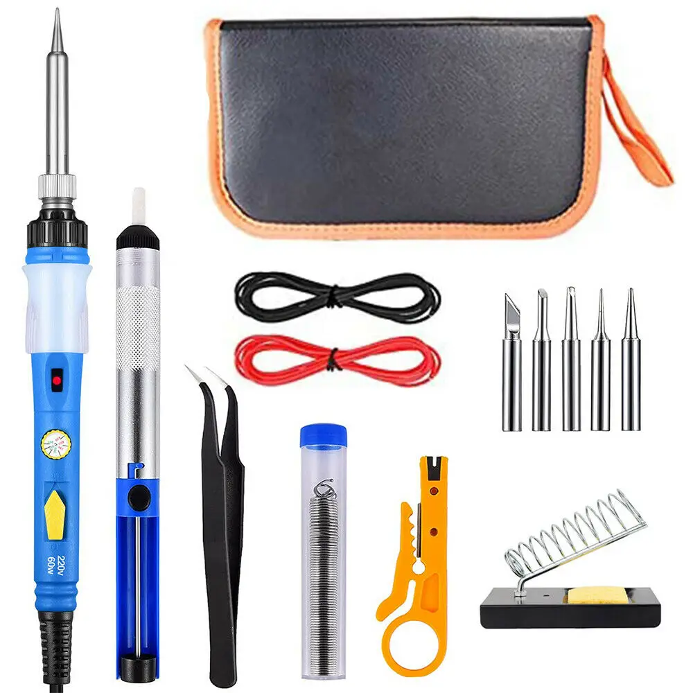 Kit de fer à souder à température réglable 60W avec écran LCD, 15 pièces, outils de soudage, pointes de soudage en céramique, pompe à dessouder
